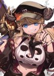  blonde_hair blue_eyes breasts chainsaw cleavage_cutout draph feb_itk granblue_fantasy grin hairlocs hallessena hat highres horns large_breasts military_hat pointy_ears saw smile 