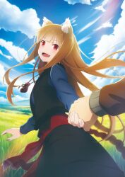  1boy 1girl absurdres animal_ears blue_sky breasts clouds craft_lawrence fang grass highres holding_hands holo light_rays long_sleeves official_art open_mouth outdoors pouch pov promotional_art pulling red_eyes sky small_breasts spice_and_wolf wolf_girl 