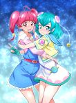  2girls :d ahoge aqua_gloves bangs blue_eyes blue_hair blue_hairband blunt_bangs closed_mouth commentary_request eyebrows_visible_through_hair gloves hagoromo_lala hairband highres hoshina_hikaru hug jewelry looking_at_viewer multiple_girls nakahira_guy open_mouth pendant precure redhead short_hair single_glove smile star star-shaped_pupils star_twinkle_precure symbol-shaped_pupils twintails v 