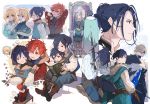  1girl 5boys alternate_costume arms_up belt black_hair blonde_hair blue_eyes book brothers brown_eyes brown_gloves closed_eyes closed_mouth coat dimitri_alexandre_blaiddyd eyepatch father_and_son felix_hugo_fraldarius fire_emblem fire_emblem:_three_houses flowerchorus from_side fur_trim gloves green_eyes holding holding_book hood hood_down ingrid_brandl_galatea long_hair long_sleeves looking_back multiple_boys one_eye_closed open_book open_mouth redhead rodrigue_achille_fraldarius scabbard sheath sheathed short_hair siblings sitting sword sylvain_jose_gautier weapon younger 