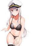  1girl absurdres azur_lane bangs bare_shoulders black_bra black_legwear black_panties blush bra breasts collarbone enterprise_(azur_lane) eyebrows_visible_through_hair haneramu hat highres large_breasts long_hair looking_at_viewer navel panties parted_lips peaked_cap sidelocks silver_hair simple_background sitting solo stomach thigh-highs thighs underwear violet_eyes white_background 