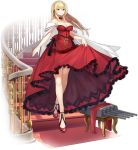  1girl :d alternative_costume angry anniversary anthropomorphization azur_lane bangs black_ribbon blonde blush braid breasts cannon cape choker clavicle cleavage crossed_legs dress enka enka_(bcat) exposed_shoulders female floating_hair french_braid full_body gold hair_ornament hair_ribbon king_george_v_(azur_lane) king_george_v_(rose&#039;s_regalia)_(azur_lane) large_breasts long_hair looking_ahead looking_at_viewer official_art red_dress red_eyes red_footwear ribbon shoes sidelocks skirt_hold sleeveless sleeveless_dress solo stairs strapless strapless_dress tied_hair transparent_background walking watermark watson_cross white_outerwear 