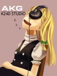  1girl akg black_vest blonde_hair blush cable chair covered_eyes drooling english_text headphones kirisame_marisa long_hair open_mouth pink_background puffy_short_sleeves puffy_sleeves shirt short_sleeves sleeping sleeping_upright touhou traghetto vest white_shirt you&#039;re_doing_it_wrong zzz 