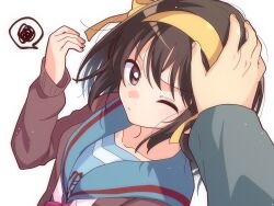  1boy 1girl blue_sailor_collar brown_cardigan brown_eyes brown_hair cardigan closed_mouth collarbone commentary_request green_jacket hair_ribbon hairband hand_on_another&#039;s_head hand_up headpat highres jacket kita_high_school_uniform kyon looking_at_viewer medium_hair one_eye_closed open_cardigan open_clothes patting red_ribbon ribbon sailor_collar school_uniform serafuku solo_focus spoken_squiggle squiggle suzumiya_haruhi suzumiya_haruhi_no_yuuutsu taiki_(6240taiki) winter_uniform yellow_hairband yellow_ribbon 