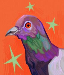  animal animal_focus bird closed_mouth colorful commentary english_commentary feathers film_grain googly_eyes green_feathers grey_feathers hatching_(texture) highres looking_at_viewer multicolored_bird no_humans orange_background orange_eyes original pigeon purple_feathers quezify simple_background star_(symbol) triadic_colors wide-eyed 