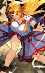  1girl :d arm_up bare_legs blonde_hair blue_skirt breasts buruma chain clenched_hand collarbone cuffs feet_out_of_frame horn hoshiguma_yuugi large_breasts long_hair looking_at_viewer open_mouth puffy_short_sleeves puffy_sleeves red_eyes rock see-through shackles shirt short_sleeves sidelocks skirt smile solo standing striped sukocchi thighs touhou touhou_cannonball v-shaped_eyebrows vertical-striped_skirt vertical_stripes white_shirt 