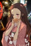  1girl blurry blurry_background blush brown_hair checkered commentary_request depth_of_field eating fangs fingernails food forehead hair_ribbon highres holding holding_food japanese_clothes kamado_nezuko kimetsu_no_yaiba kimono long_fingernails long_hair long_sleeves nail_polish night obi outdoors pink_eyes pink_kimono pink_nails pink_ribbon ribbon sash signature solo upper_body very_long_hair wavy_hair wide_sleeves yume_ou 