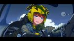  1girl blue_eyes blue_sky clouds cockpit commentary erica_(naze1940) gloves highres mask mask_removed military military_uniform original redhead sky solo uniform 