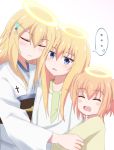  ... 3girls blonde_hair blue_eyes blush closed_eyes cross gabriel_dropout haigo_(high_go) halo highres hug japanese_clothes kimono long_hair multiple_girls short_hair siblings simple_background sisters spoken_ellipsis tenma_gabriel_white tenma_hanial_white tenma_zelel_white very_long_hair white_background white_kimono 