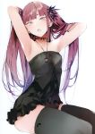  1girl absurdres armpits arms_up bangs black_dress black_legwear blunt_bangs choker dress fangs flat_chest highres jewelry long_hair looking_at_viewer necklace open_mouth original pendant pink_eyes pink_hair scan short_dress shunsei_(muratou) sitting solo strapless strapless_dress thigh-highs tsurime 