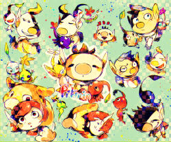  1girl 3boys ^_^ alph_(pikmin) animal_collar arms_up backpack bag big_nose black_eyes black_skin blonde_hair blue_background blue_bag blue_eyes blue_gloves blue_hair blue_pikmin blue_skin blush_stickers brown_hair buttons checkered_background closed_eyes closed_mouth collar colored_skin commentary_request copyright_name creature creature_on_head cropped_torso crossed_arms dog drooling expressionless eyelashes flower freckles frown furrowed_brow gloves glow_pikmin green_skin grin half-closed_eye happy holding holding_creature hug ice ice_pikmin insect_wings jumpsuit leaf looking_at_another looking_at_viewer louie_(pikmin) multiple_boys multiple_views nervous_smile no_headwear no_mouth oatchi_(pikmin) olimar outline outstretched_arms pale_skin parted_lips petals pikmin_(creature) pikmin_(series) pink_flower pink_skin pointing pointing_up pointy_ears pointy_nose poison purple_hair purple_pikmin purple_skin red_collar red_eyes red_gloves red_jumpsuit red_pikmin red_skin redhead rescue_officer_(pikmin) rock rock_pikmin shaded_face shirushiki short_hair sigh sitting smile smirk solid_circle_eyes spacesuit sweatdrop teeth triangle_mouth uneven_eyes unusually_open_eyes v-shaped_eyes very_short_hair white_flower white_outline white_pikmin white_skin winged_pikmin wings yellow_flower yellow_pikmin yellow_skin 