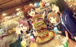  5girls bacon blue_eyes brown_hair diner dutch_angle fast_food food food_awe french_fries hamburger handa_roko highres hood hoodie ice_cream ice_cream_float idolmaster idolmaster_million_live! ketchup long_hair maihama_ayumu marimo_(momiage) menu multiple_girls mustard nagayoshi_subaru open_mouth pink_hair ponytail restaurant satake_minako short_hair sparkle suou_momoko too_much_hamburger 