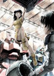  1980s_(style) 1boy 1girl ankle_boots assault_visor black_hair bodysuit boots breasts commentary_request dress fa_yuiry gloves green_eyes gundam hatching_(texture) helmet highres holding holding_helmet kaeru_no_papa kamille_bidan knee_up linear_hatching looking_at_another mecha mecha_pilot_suit medium_breasts medium_hair mobile_suit nemo_(mobile_suit) normal_suit one-eyed open_mouth pilot_helmet red_visor retro_artstyle rick_dias robot science_fiction smile solo_focus space_helmet spacesuit unworn_headwear unworn_helmet white_bodysuit white_gloves yellow_dress yellow_footwear zero_gravity zeta_gundam 