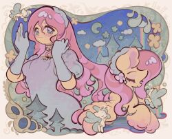  1girl aqua_eyes blue_dress blue_gloves blush breasts bright_pupils closed_eyes crescent_moon dress dual_persona elbow_gloves fluttershy from_side gloves hair_between_eyes highres humanization long_hair looking_at_viewer lying medium_breasts moon my_little_pony my_little_pony:_friendship_is_magic pink_hair short_sleeves smile standing star_(symbol) tareme thick_outlines three_quarter_view white_pupils yanyannonoz 