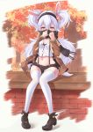  1girl absurdres animal_ears azur_lane bangs black_scarf breasts brown_jacket commentary_request eyebrows_visible_through_hair hair_between_eyes hairband highres jacket laffey_(azur_lane) long_hair miso_(b7669726) navel pantyhose rabbit_ears red_eyes scarf silver_hair small_breasts thigh-highs twintails white_legwear 