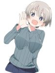  1girl :d blue_eyes blush breasts brown_hair eyebrows_visible_through_hair fang grey_sweater ixy large_breasts long_sleeves looking_at_viewer open_mouth ribbed_sweater short_hair simple_background smile solo sweater uzaki-chan_wa_asobitai! uzaki_hana white_background 