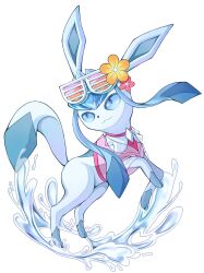  animal_focus blue_eyes closed_mouth flower glaceon glaceon_(beach) highres hinona_26587 long_hair no_humans pokemon pokemon_(creature) pokemon_unite sidelocks simple_background smile sunglasses tail water white_background 