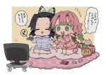  2girls :d ^_^ afterimage bangs bare_legs barefoot black_hair braid butterfly_hair_ornament candy casual cat chibi closed_eyes controller cushion dododov2 excited food gradient_hair green_eyes green_hair hair_ornament holding_hands holding_remote_control hood hood_down kanroji_matsuri kimetsu_no_yaiba kneeling kochou_shinobu leg_warmers long_hair long_sleeves mole mole_under_eye multicolored_hair multiple_girls open_mouth outstretched_arm pajamas parted_bangs pink_hair pocky remote_control rug seiza shorts sitting sleepover smile snack speech_bubble striped table television translated tri_braids watching_television waving_arm 