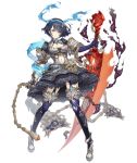  1girl alice_(sinoalice) armor armored_dress chain cleavage_cutout dark_blue_hair dress eyebrows_visible_through_hair frilled_dress frills full_body gold_trim hairband ji_no looking_at_viewer navel navel_cutout official_art red_eyes reverse_grip short_hair sinoalice smoke solo sword tattoo thigh-highs transparent_background weapon 