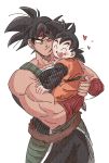  2boys :d ;) ^_^ armor bandana bardock black_eyes black_hair black_legwear blush blush_stickers carrying closed_eyes dougi dragon_ball dragon_ball_z grandfather_and_grandson happy heart highres long_sleeves looking_at_another monkey_tail multiple_boys one_eye_closed open_mouth red_bandana simple_background smile son_goten spiky_hair tail tuna0205 white_background wristband 