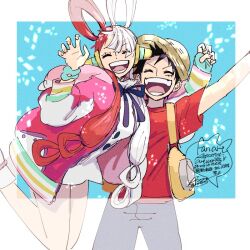  1boy 1girl ^_^ black_hair blue_background bracelet closed_eyes dress hair_over_one_eye hashtag-only_commentary hat headphones jacket jewelry monkey_d._luffy one_piece one_piece_film:_red red_shirt redhead sagemaru-br shirt straw_hat twintails uta_(one_piece) white_dress white_hair 