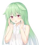  1girl :d bangs bare_arms bare_shoulders blush collared_shirt commentary_request dress_shirt eyebrows_visible_through_hair green_hair hair_between_eyes hair_flaps hands_up highres long_hair looking_at_viewer open_mouth original red_eyes roido_(taniko-t-1218) shirt simple_background sleeveless sleeveless_shirt smile solo upper_body very_long_hair white_background white_shirt 