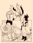  2boys clouds dougi dragon_ball dragon_ball_z eye_contact frieza hands_on_hips height_difference highres lee_(dragon_garou) long_tongue looking_at_another male_focus monochrome multiple_boys muscle parody saliva son_gokuu spikes tail tongue tongue_out tree wristband 