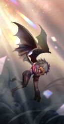  1boy 1other absurdres brown_hair closed_eyes demon_wings duel_academy_uniform_(yu-gi-oh!_gx) duel_monster highres hug jacket judgedarts light_rays mutual_hug open_clothes pants purification red_jacket wings yu-gi-oh! yu-gi-oh!_gx yubel yuki_judai 