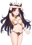  1girl absurdres bangs bare_shoulders black_hair breasts commentary_request crown earrings fate/grand_order fate_(series) hair_ribbon highres hoop_earrings ishtar_(fate/grand_order) jewelry long_hair looking_at_viewer medium_breasts navel parted_bangs red_eyes ribbon simple_background smile solo tming two_side_up white_background 