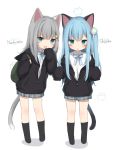  2girls amashiro_natsuki animal_ears backpack bag black_jacket black_legwear blue_bow blue_eyes blue_hair blush blush_stickers bow cat_ears cat_girl cat_tail character_name chibi collared_shirt commentary_request dress_shirt fang grey_hair grey_skirt hair_ornament hairclip heart highres hood hood_down hooded_jacket jacket long_hair long_sleeves multiple_girls nekoha_shizuku no_shoes open_clothes open_jacket open_mouth original parted_lips pleated_skirt shadow shirt skirt sleeves_past_fingers sleeves_past_wrists socks standing tail very_long_hair white_background white_shirt 