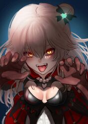  1girl black_gloves breasts charlotta_skopovskaya commentary dress fangs gloves glowing glowing_eyes grey_hair hair_bun heaven_burns_red highres jewelry long_hair medium_breasts necklace noir_(nowaru) pearl_necklace single_side_bun solo tongue tongue_out vampire yellow_eyes 