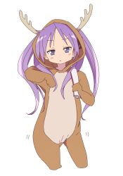  1girl :t animal_costume antlers bluearcadegames blush_stickers cosplay cropped_legs dancing dot_nose fake_antlers highres hiiragi_kagami holding hood hood_up horns kigurumi lucky_star purple_hair reindeer_costume simple_background solo twintails white_background 