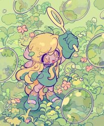  1girl :d arm_up blonde_hair bright_pupils bubble bubble_wand child clenched_hand derpy_hooves dot_nose dress fang flower from_above gloves green_dress green_footwear green_gloves happy highres humanization legs_apart long_hair my_little_pony my_little_pony:_friendship_is_magic outdoors pink_flower short_dress smile standing thick_outlines vegetation white_pupils yanyannonoz yellow_eyes 