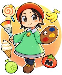  1girl adeleine bachera banana beret black_eyes black_hair blue_socks blush_stickers brown_footwear candy cantaloupe closed_mouth collared_shirt commentary_request dot_nose food fruit full_body green_shirt grey_skirt hat highres holding holding_paintbrush holding_palette ice_cream_cone invincible_candy kirby_(series) kirby_64 lollipop long_sleeves maxim_tomato melon paintbrush palette_(object) red_hat shirt short_hair skirt smile socks solo standing swirl_lollipop tomato 