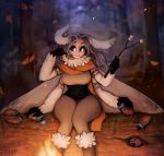  1girl absurdres antennae artist_name autumn autumn_leaves big_eyes black_sclera blurry blurry_background boots branch caterpillar commentary english_commentary fire food forest fur-trimmed_boots fur_collar fur_trim grey_hair highres long_hair looking_away marshmallow matilda_fiship monster_girl moth_girl moth_wings mother_lumi multiple_arms nature night orange_scarf original pants petting scarf sitting smile solo thick_eyebrows tree white_eyes wind wings 