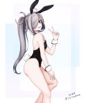  1girl absurdres ahoge alternate_costume animal_ears asashimo_(kantai_collection) black_leotard bunny_girl bunny_tail bunnysuit cowboy_shot dated detached_collar grey_eyes hair_over_one_eye highres kantai_collection leotard long_hair looking_at_viewer pantyhose parted_lips ponytail rabbit_ears sharp_teeth silver_hair solo strapless strapless_leotard tail teeth twitter_username v wrist_cuffs yukai_(xiaoyu13298276) 