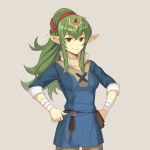  1girl absurdres bandaged_arm bandages bangs belt belt_pouch breasts chiki closed_mouth commentary cosplay cowboy_shot cute dakkalot donnel_(fire_emblem) donnel_(fire_emblem)_(cosplay) elf fire_emblem fire_emblem:_kakusei fire_emblem:_shin_ankoku_ryuu_to_hikari_no_tsurugi fire_emblem_11 fire_emblem_13 fire_emblem_awakening fire_emblem_shadow_dragon green_eyes green_hair grey_background headpiece high_ponytail highres intelligent_systems long_hair looking_at_viewer manakete medium_breasts nintendo pants pink_lips pointy_ears pouch short_sleeves sidelocks simple_background smile solo tiki_(fire_emblem) tunic 
