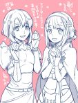  2girls belt breastplate catria_(fire_emblem) fingerless_gloves fire_emblem fire_emblem:_mystery_of_the_emblem fire_emblem_fates fire_emblem_heroes gloves hairband headband highres holding monochrome multiple_girls nagao_uka open_mouth orb pink_background sakura_(fire_emblem) short_hair simple_background 