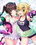  2girls :d aiming_at_viewer akatsuki_kirika bangs bare_shoulders black_hair blonde_hair blue_swimsuit blunt_bangs blush breasts covered_navel frilled_swimsuit frills fujisaki_(hjsk) green_eyes hair_ornament highres innertube long_hair looking_at_viewer medium_breasts multiple_girls name_tag nontraditional_school_swimsuit one-piece_swimsuit open_mouth pink_eyes school_swimsuit senki_zesshou_symphogear senki_zesshou_symphogear_xd_unlimited shiny shiny_hair short_hair smile swimsuit tsukuyomi_shirabe twintails water water_gun white_school_swimsuit white_swimsuit x_hair_ornament 