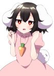  1girl animal_ears arms_up black_hair blush bright_pupils bunny_tail carrot_necklace clenched_hands commentary_request cowboy_shot dress fang hair_between_eyes highres inaba_tewi looking_at_viewer open_mouth pink_dress puffy_short_sleeves puffy_sleeves rabbit_ears red_eyes short_hair short_sleeves simple_background skin_fang solo standing tail touhou tsukimirin white_background white_pupils 