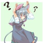  1girl ? arms_up bakuha bangs blue_capelet border bunny_pose capelet commentary_request cowboy_shot dress eyebrows_visible_through_hair green_background grey_dress grey_hair hair_between_eyes highres jewelry long_sleeves mouse_tail nazrin outside_border pendant red_eyes shirt short_hair simple_background solo standing tail touhou v-shaped_eyebrows white_border white_shirt 
