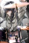  1girl abs bangs black_hair blurry blurry_foreground braid drum drum_set grin highres instrument kantai_collection kitakami_(kantai_collection) long_hair machi_(ritovoyage) remodel_(kantai_collection) sailor_collar school_uniform serafuku sidelocks single_braid skirt smile solo sparkle sweat teeth twitter_username violet_eyes white_neckwear 