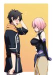  belt black_hair blue_eyes blush breasts command_spell elbow_gloves fate/grand_order fate_(series) fujimaru_ritsuka_(male) gloves large_breasts mash_kyrielight navel_cutout pink_hair scarf violet_eyes ysi_uki 