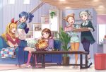  5girls :d :o ^_^ aikatsu! aikatsu!_(series) arisugawa_otome bangs bear_slippers black_pants blanket blonde_hair blue_eyes blue_hair blue_skirt blunt_bangs blush bookshelf bow bowl brown_hair brown_legwear cactus camisole camisole_over_clothes ceiling_light cherico closed_eyes coffee_table couch cup double_bun dress drill_hair facing_viewer floor green_dress hair_bow hair_ornament hair_ribbon hairband halterneck holding holding_tray hoshimiya_ichigo index_finger_raised indoors kiriya_aoi legwear_under_shorts light_switch living_room long_hair long_sleeves looking_at_another looking_at_viewer multiple_girls on_couch open_mouth orange_hair orange_legwear pants pants_under_dress pantyhose pastry_box picture_frame pink_footwear pink_legwear plant potted_plant red_eyes ribbon rug shibuki_ran shorts side_ponytail sitting skirt sleeveless_sweater slippers smile socks standing standing_on_one_leg star striped stuffed_animal stuffed_raccoon stuffed_toy swept_bangs talking teacup teddy_bear thigh_gap toudou_yurika tray twin_drills twintails vertical_stripes violet_eyes w walking wallpaper_(object) white_footwear wooden_ceiling 