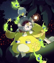  1girl absurdres all_fours animal_collar black_eyes blue_eyes blush_stickers clenched_hand closed_mouth collar colored_skin creature_on_head dog eyes_in_shadow flower flying frown fukkatsu_no_maya ghost_tail gloves glow_pikmin glowing green_skin hair_between_eyes half-closed_eyes helmet highres jumpsuit leaf looking_to_the_side mini_person minigirl night night_sky oatchi_(pikmin) outdoors pikmin_(creature) pikmin_(series) pikmin_4 radio_antenna red_collar red_jumpsuit redhead rescue_officer_(pikmin) shoes sky solid_circle_eyes space_helmet spacesuit sparkle star_(sky) starry_sky sweat twitter_username uneven_eyes whistle white_footwear white_gloves yellow_flower 