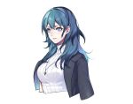  1girl alternate_costume blue_eyes blue_hair breasts byleth_(fire_emblem) byleth_eisner_(female) clovisxvii contemporary fire_emblem fire_emblem:_three_houses highres jacket jacket_on_shoulders jewelry lips long_hair looking_at_viewer medium_breasts necklace pendant ribbed_sweater simple_background solo sweater turtleneck turtleneck_sweater upper_body white_background white_sweater 