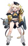  1girl anchor azur_lane bache_(azur_lane) bandaid bandaid_on_knee belt belt_pouch black_footwear black_headwear black_sailor_collar black_shirt black_shorts blonde_hair bracelet brown_belt dollar_sign fangs fishnet_legwear fishnets fur-trimmed_jacket fur_trim gun hand_on_hip hand_up jacket jewelry leg_warmers long_hair midriff money_gesture multicolored multicolored_eyes navel neckerchief official_art open_mouth pink_collar pouch sailor_collar shirt shoes short_shorts shorts single_thighhigh sleeveless sleeveless_shirt smile solo sparkle tachi-e thigh-highs torpedo_tubes two_side_up weapon yellow_jacket yellow_neckwear 