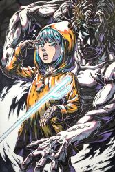  1boy 1girl absurdres bead_necklace beads beard black_giraffe blue_eyes blue_hair commentary cross crown_of_thorns english_commentary facial_hair highres hood hood_up hooded_coat jesus jewelry jojo_no_kimyou_na_bouken jubilee_2025 latin_cross long_hair looking_at_viewer luce_(jubilee_2025) necklace parody rosary salute short_hair stand_(jojo) standing style_parody upper_body veins veiny_arms yellow_raincoat 