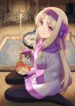  1girl ainu_clothes bangs black_legwear blush bow bowl breasts closed_mouth fate/grand_order fate_(series) fingerless_gloves food gloves hair_between_eyes hair_bow hairband highres long_hair long_sleeves looking_at_viewer pantyhose pink_eyes purple_bow purple_gloves purple_hairband purple_scarf sash scarf sitonai sitting small_breasts smile solo spoon thighs tsuchifumazu wariza white_hair 