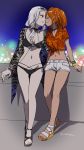  2girls bikini_bottom bikini_top character_request closed_eyes commentary_request copyright_request cross cross_choker cross_earrings earrings eyewear_on_head floral_print highres imminent_kiss jacket jewelry multiple_girls necklace open_clothes open_jacket orange_hair pearl_necklace red_eyes sandals sekihara_umina short_shorts shorts sunglasses twitter_username white_hair yuri 